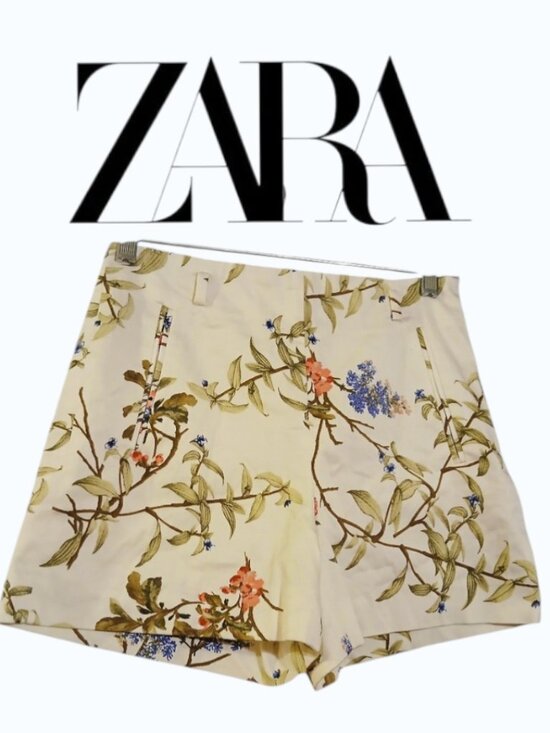 Zara Pants - ZARA High Waist Shorts Botanical Print Cream/Brown/Green - EUC